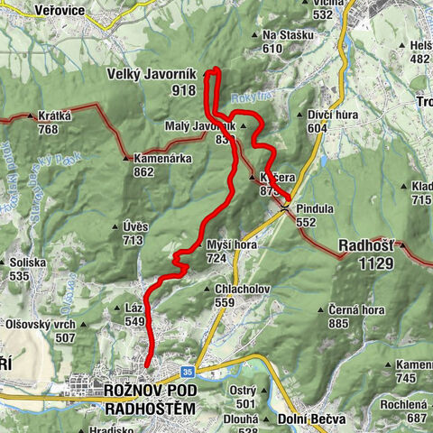 Zbojnická koliba - Velký Javorník - Myší hora - Rožnov pod Radhoštěm
