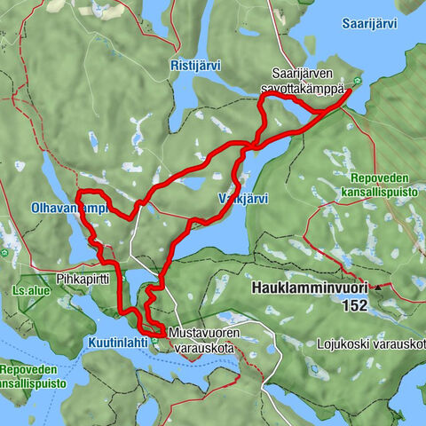 Saarijärven sisäänkäynti - Mustalamminvuori - Mustavuoren varauskota - Olhavanvuori