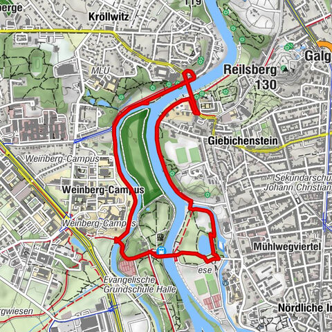 Laufstrecke entlang der Saale über die Peißnitzinsel