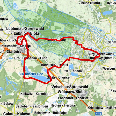 Burg (Spreewald) - Bórkowy (Błota) - Gasthof zum Slaven - Raddusch - Raduš - Lübbenau/Spreewald - Lubnjow/Błota