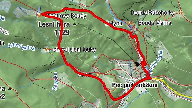 Pec pod Sněžkou - kaple Panny Marie - Liščí vodopád - Hospoda Zelený potok