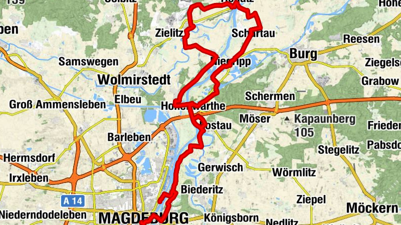 Rundkurs: Magdeburg TI - Wasserstraßenkreuz - Fähre Rogätz - Wasserstraßenkreuz - Magdeburg Wissenschaftshafen