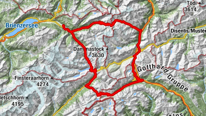 Anspruchsvolle Rennrad-Rundtour von Meiringen über Nufenenpass/Passo della Novena, Grimselpass und Gotthardpass 2106m via Airolo, Andermatt und Wassen