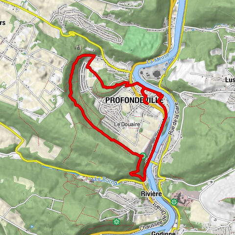 Profondville circular; starting from the centre,
Along the river meuse (when the river is high you may have to follow parallel
Streets). The path climbs away from the road to heights overlooking the Meuse and then follow the contours back to profondville.